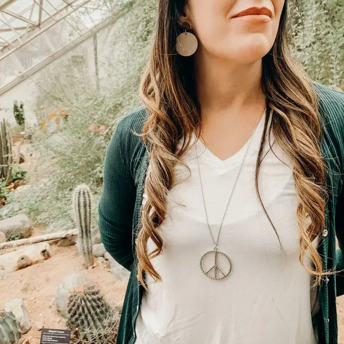 Antique Silver Peace Sign Boho Long Necklace