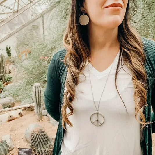 Antique Silver Peace Sign Boho Long Necklace