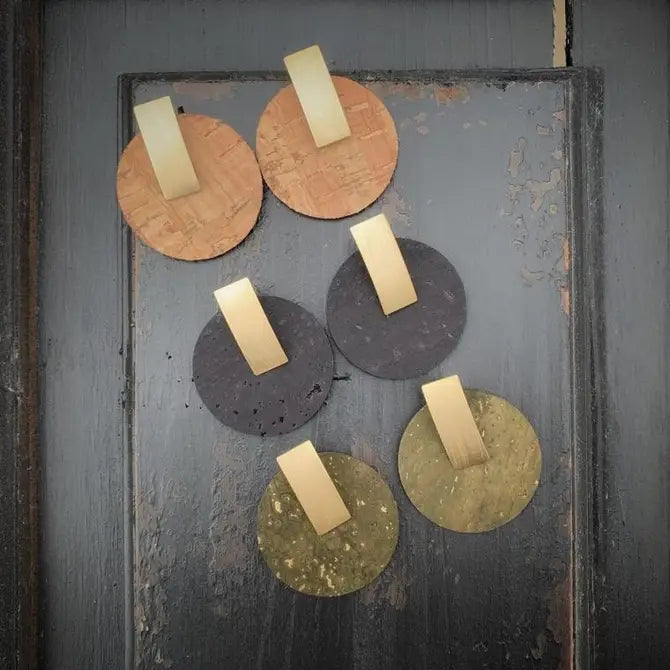 Boho Natural Cork & Gold Circle Earrings