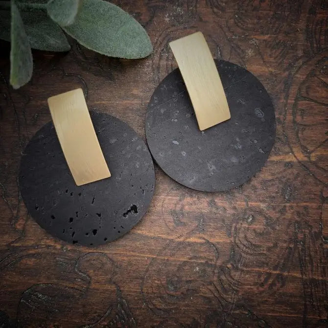 Boho Black & Gold Circle Cork Earrings