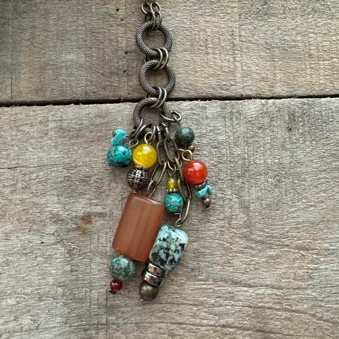 Long Natural Stone Charm Necklace, burnt orange and turquoise beads