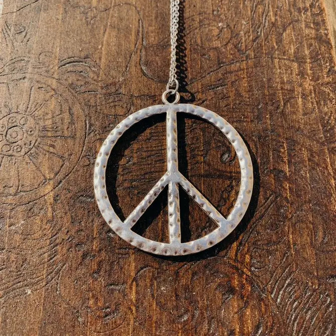 Antique Silver Peace Sign Boho Long Necklace