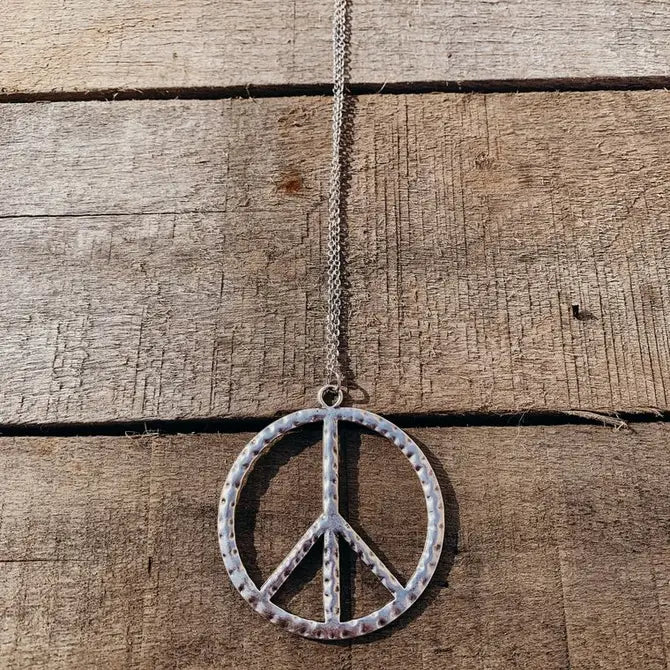 Antique Silver Peace Sign Boho Long Necklace