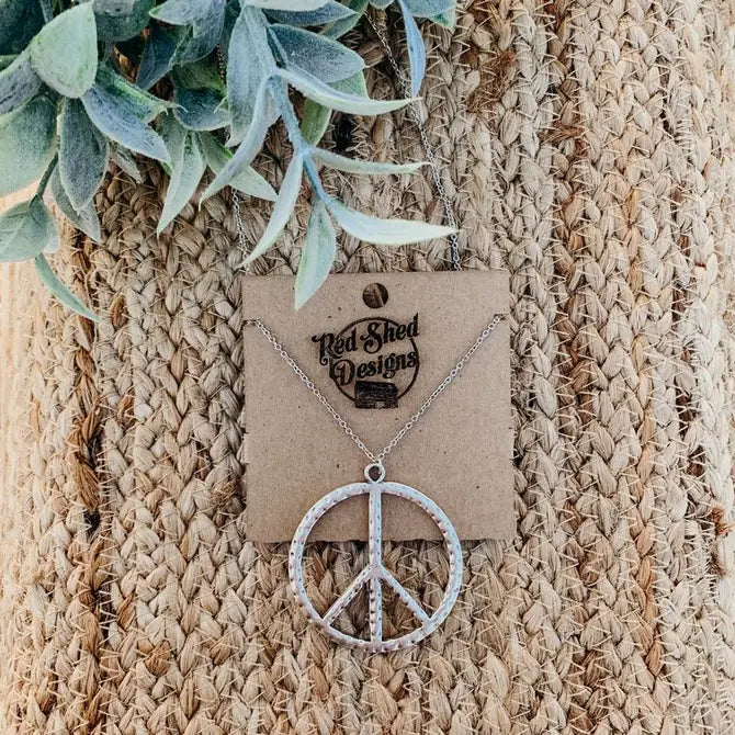Antique Silver Peace Sign Boho Long Necklace