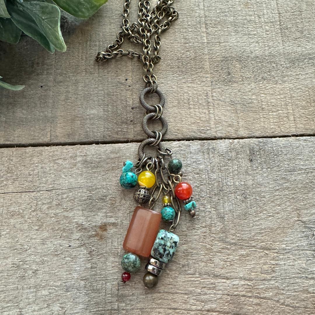 Long Natural Stone Charm Necklace, burnt orange and turquoise beads