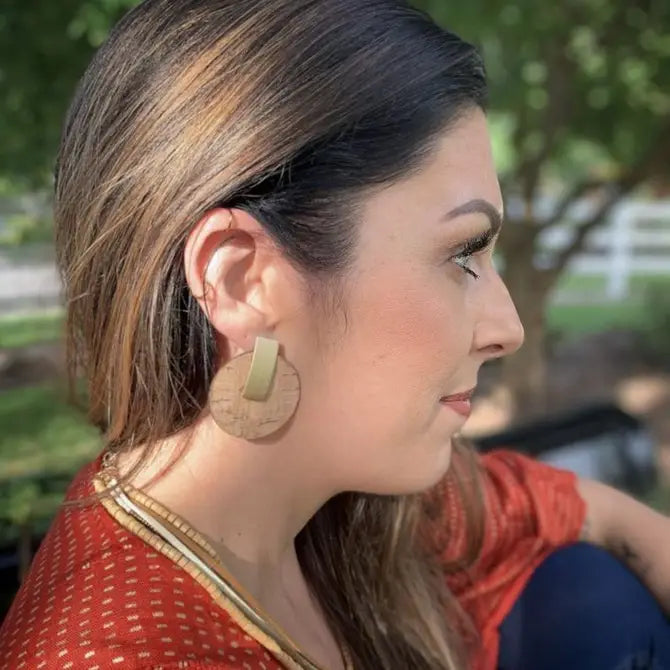 Boho Natural Cork & Gold Circle Earrings