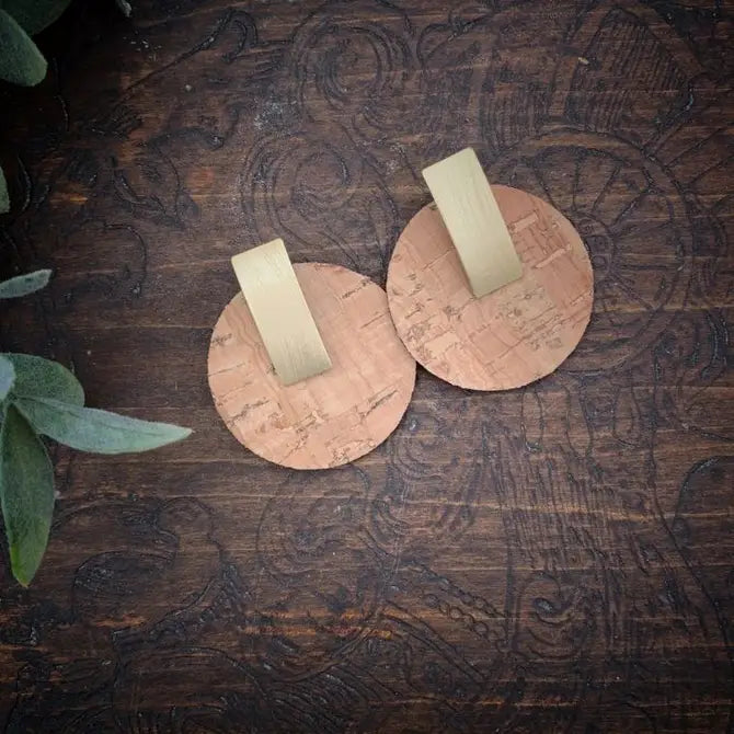 Boho Natural Cork & Gold Circle Earrings