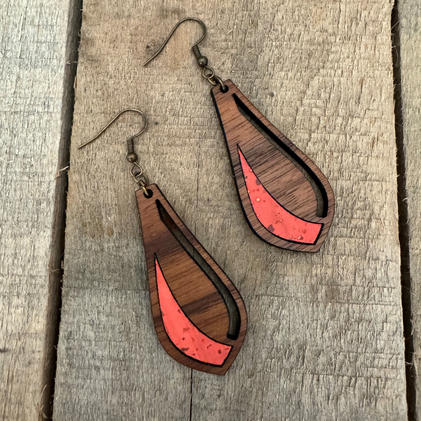 Coral Cork and Walnut Petal Earrings