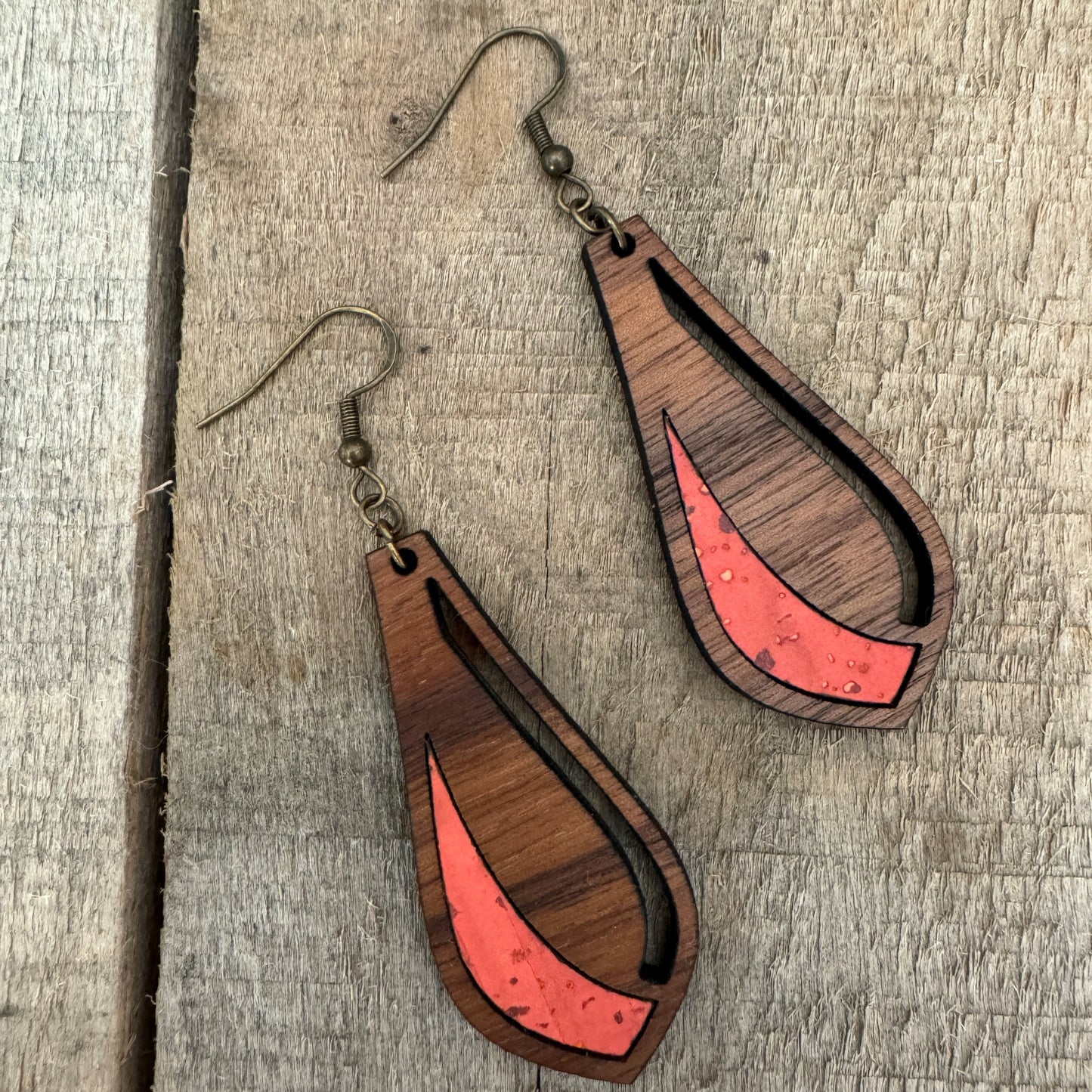 Coral Cork and Walnut Petal Earrings