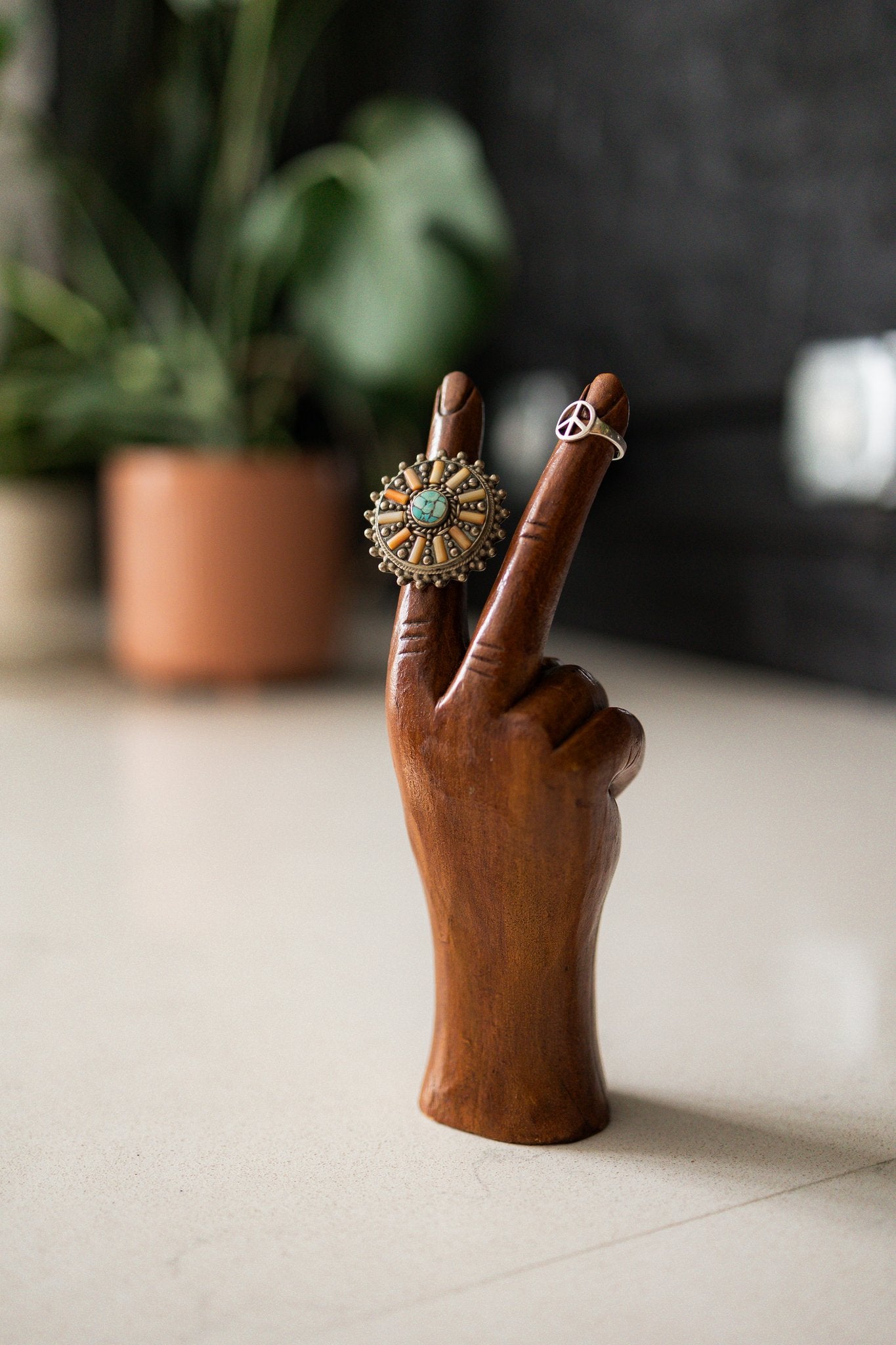Hippie Carved Wooden Peace Hand Boho Decor