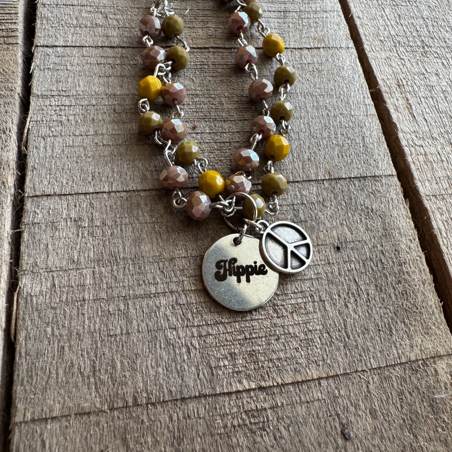 Boho Beaded Hippie Peace Bracelet - Vintage Silver Multi-Strand Bracelet with Charm