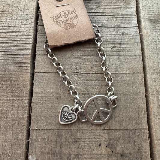 Silver Boho Peace Sign Bracelet with Evil Eye Heart Charm