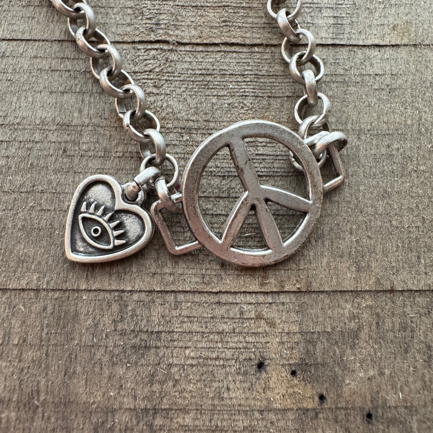 Silver Boho Peace Sign Bracelet with Evil Eye Heart Charm