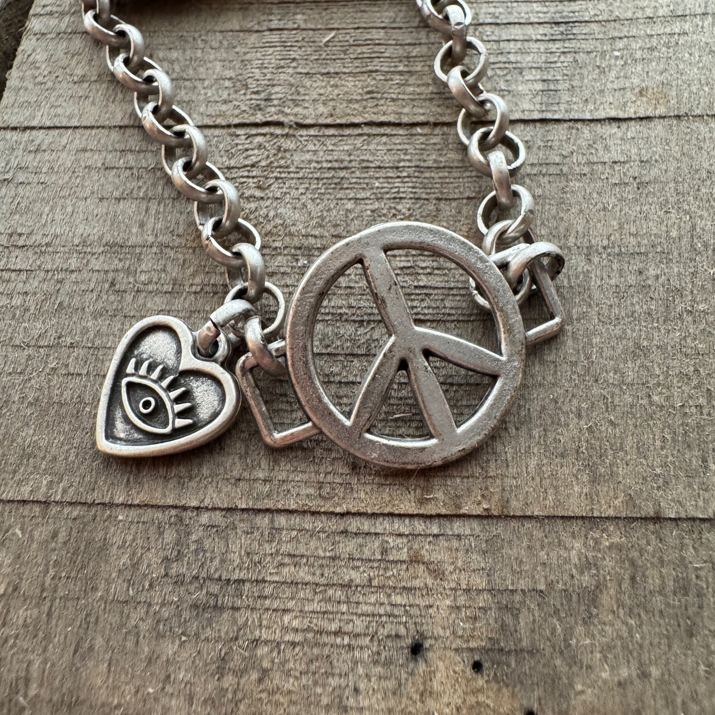 Silver Boho Peace Sign Bracelet with Evil Eye Heart Charm