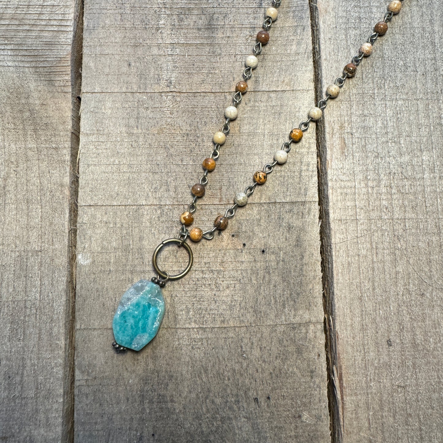 Jasper Beaded Necklace with Dangle Turquoise Stone