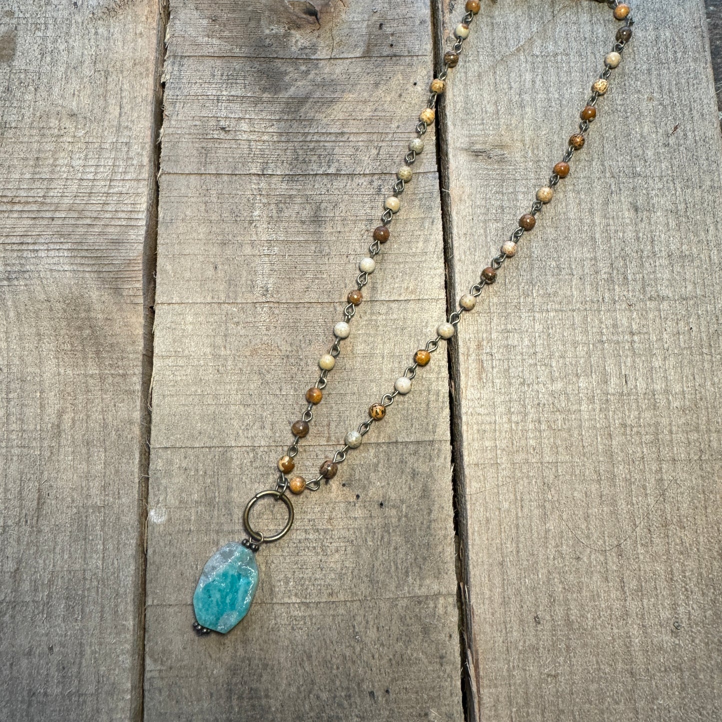 Jasper Beaded Necklace with Dangle Turquoise Stone