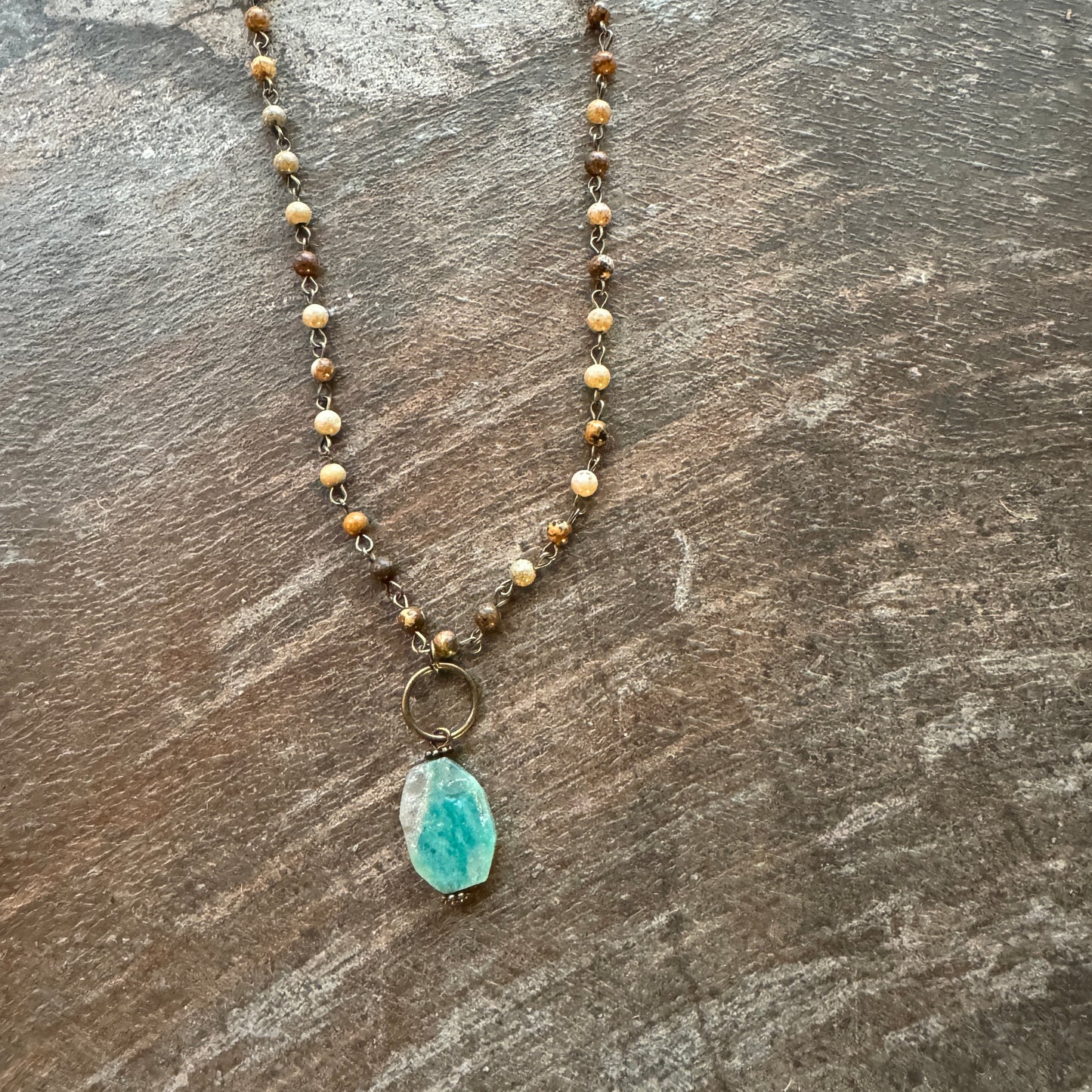 Jasper Beaded Necklace with Dangle Turquoise Stone