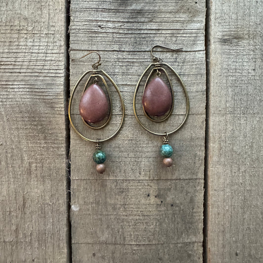 Maroon Bead Oval Hoop Earrings