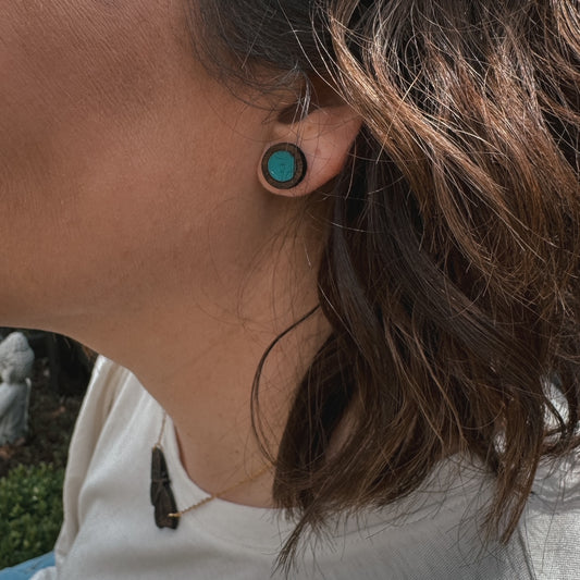 Turquoise Circle Cork Inlay & Walnut Wood Stud Earrings