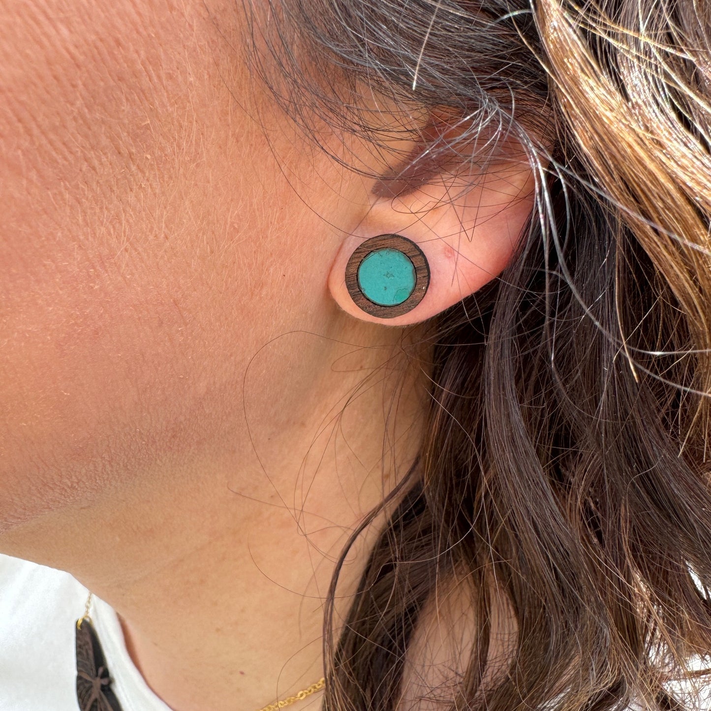 Turquoise Circle Cork Inlay & Walnut Wood Stud Earrings