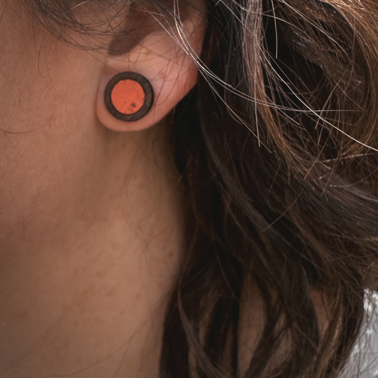 Coral Circle Cork Inlay & Walnut Wood Stud Earrings