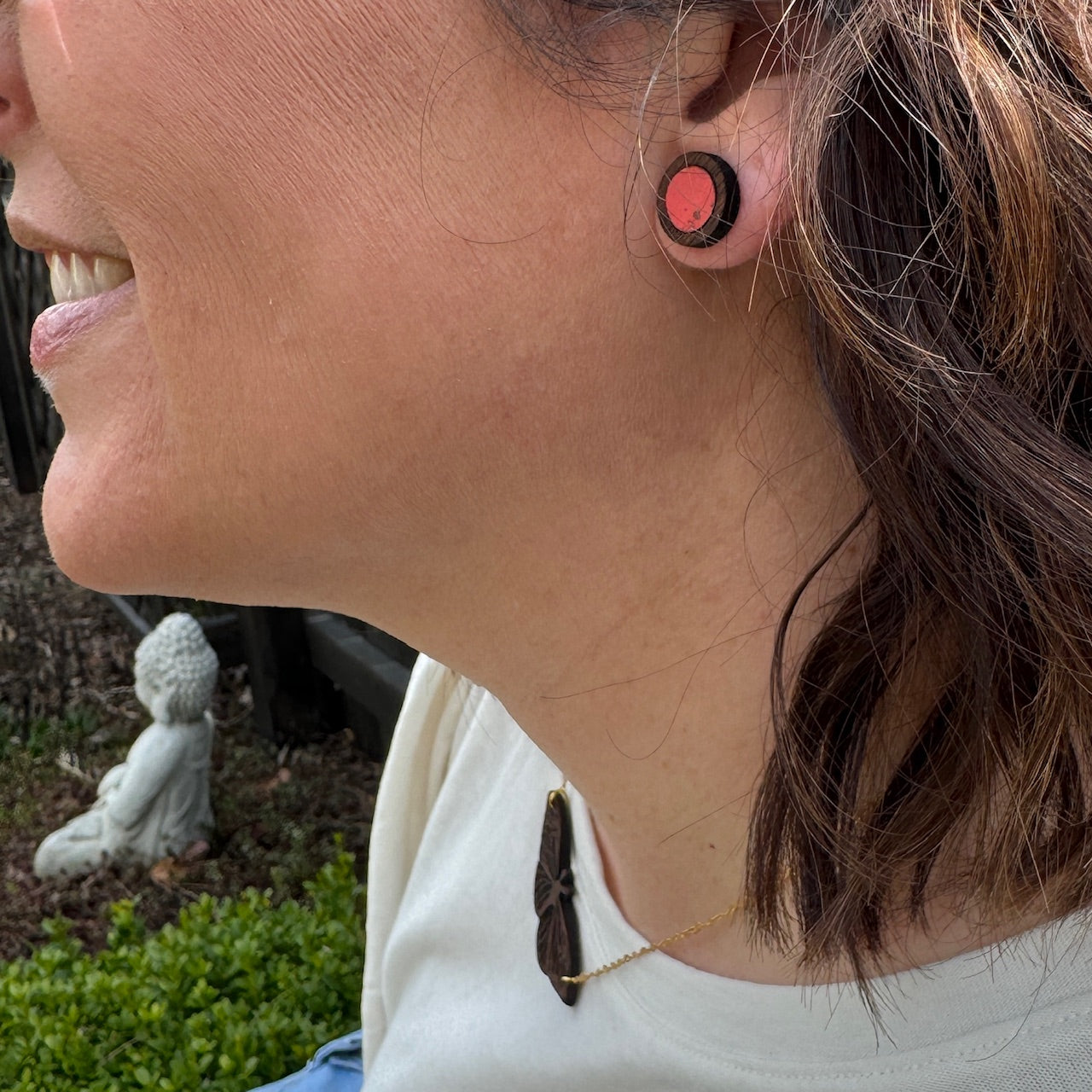 Coral Circle Cork Inlay & Walnut Wood Stud Earrings