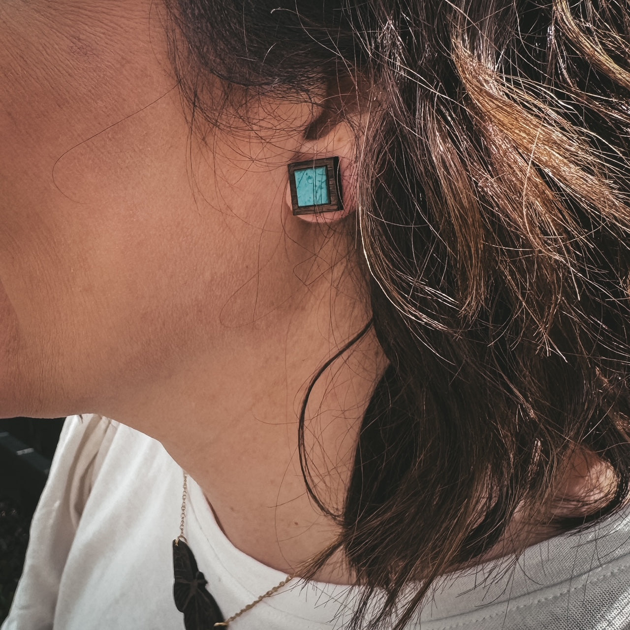 Turquoise Square Cork Inlay & Walnut Wood Stud Earrings
