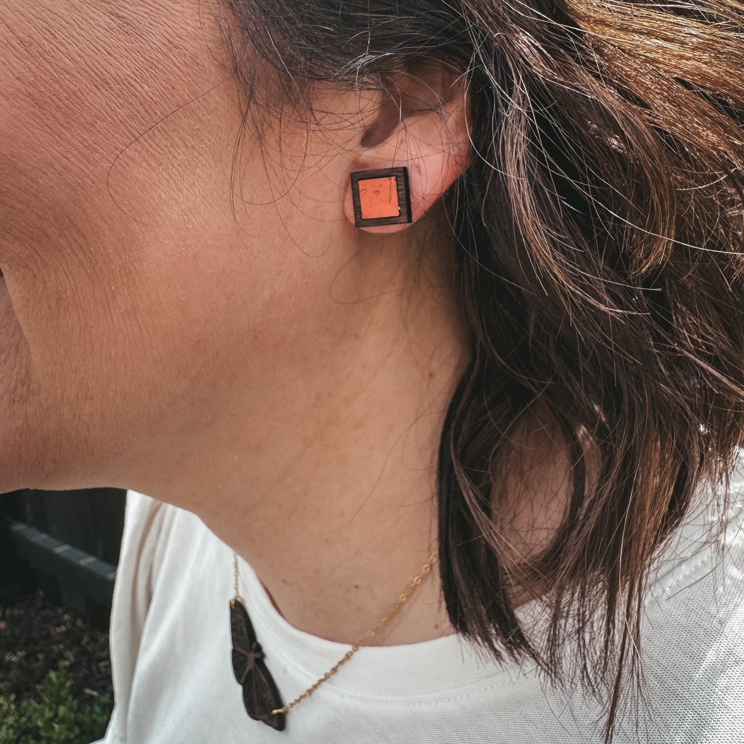 Coral Square Cork Inlay & Walnut Wood Stud Earrings