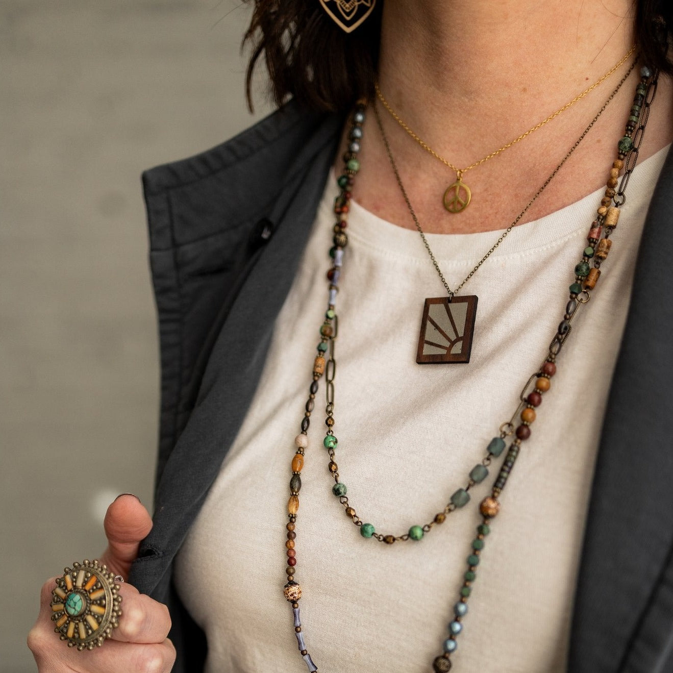 Here comes the Sun Walnut and Concrete Boho Necklace