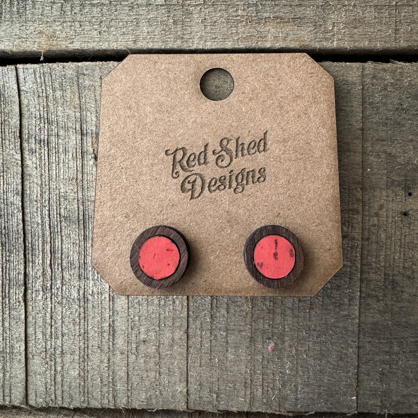Coral Circle Cork Inlay & Walnut Wood Stud Earrings