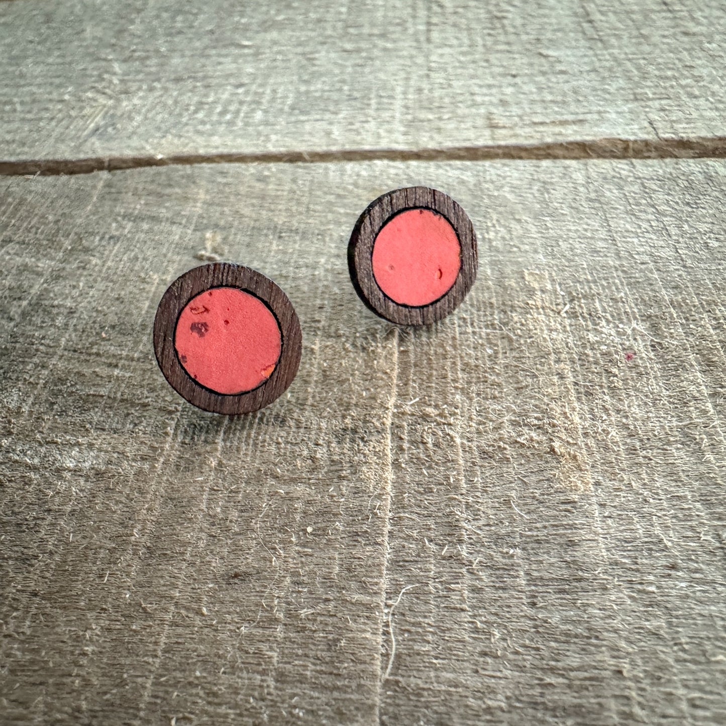 Coral Circle Cork Inlay & Walnut Wood Stud Earrings
