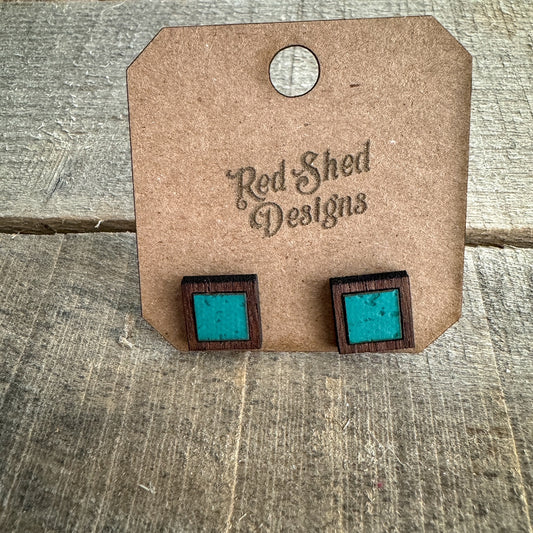 Turquoise Square Cork Inlay & Walnut Wood Stud Earrings