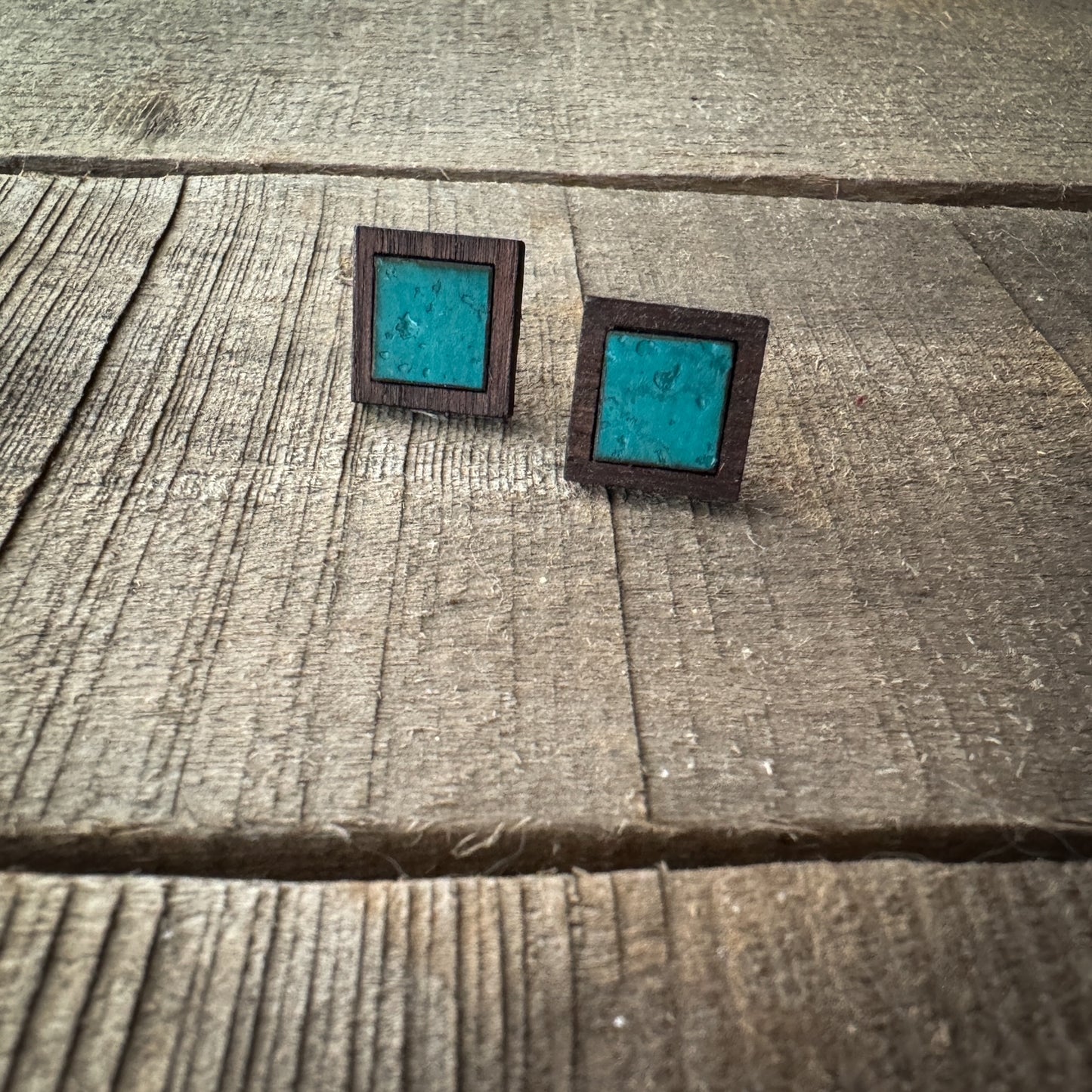 Turquoise Square Cork Inlay & Walnut Wood Stud Earrings