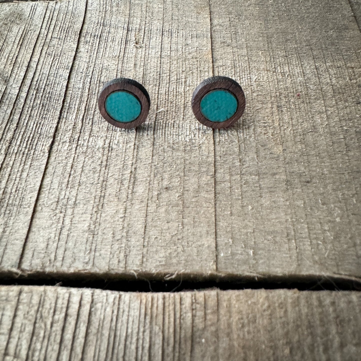Turquoise Circle Cork Inlay & Walnut Wood Stud Earrings