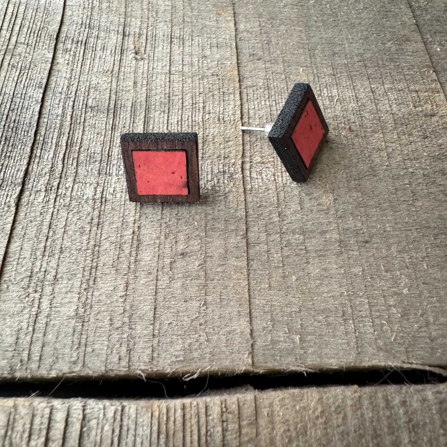 Coral Square Cork Inlay & Walnut Wood Stud Earrings