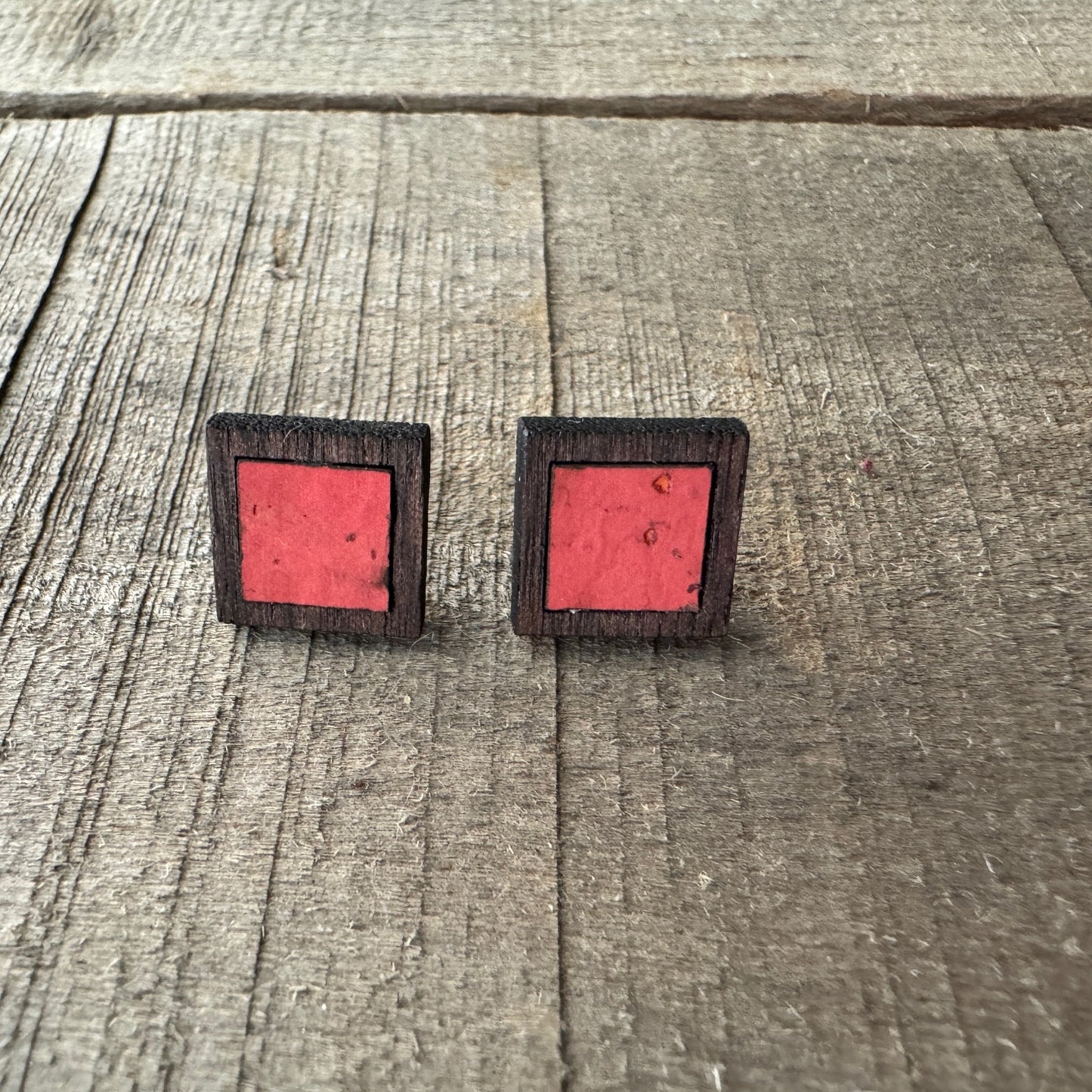Coral Square Cork Inlay & Walnut Wood Stud Earrings