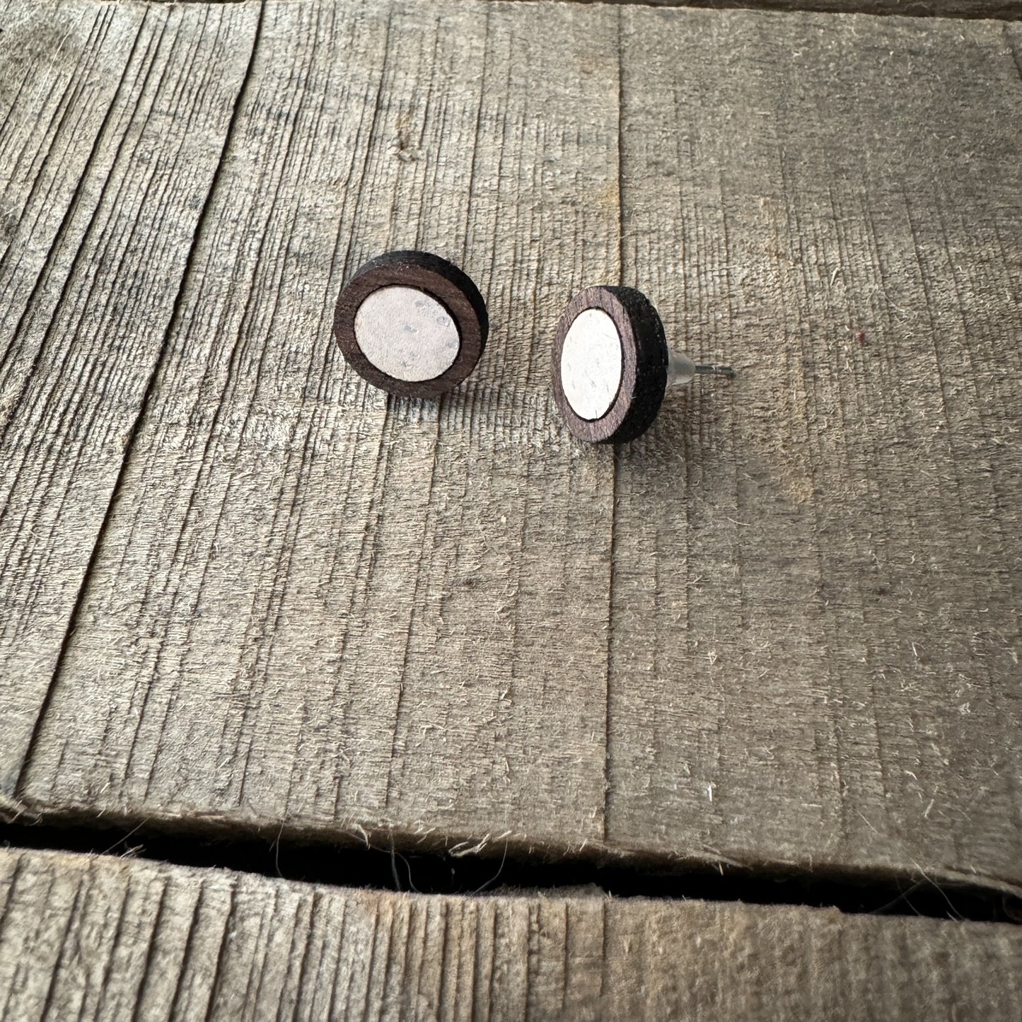 Pearl Circle Cork Inlay & Walnut Wood Stud Earrings