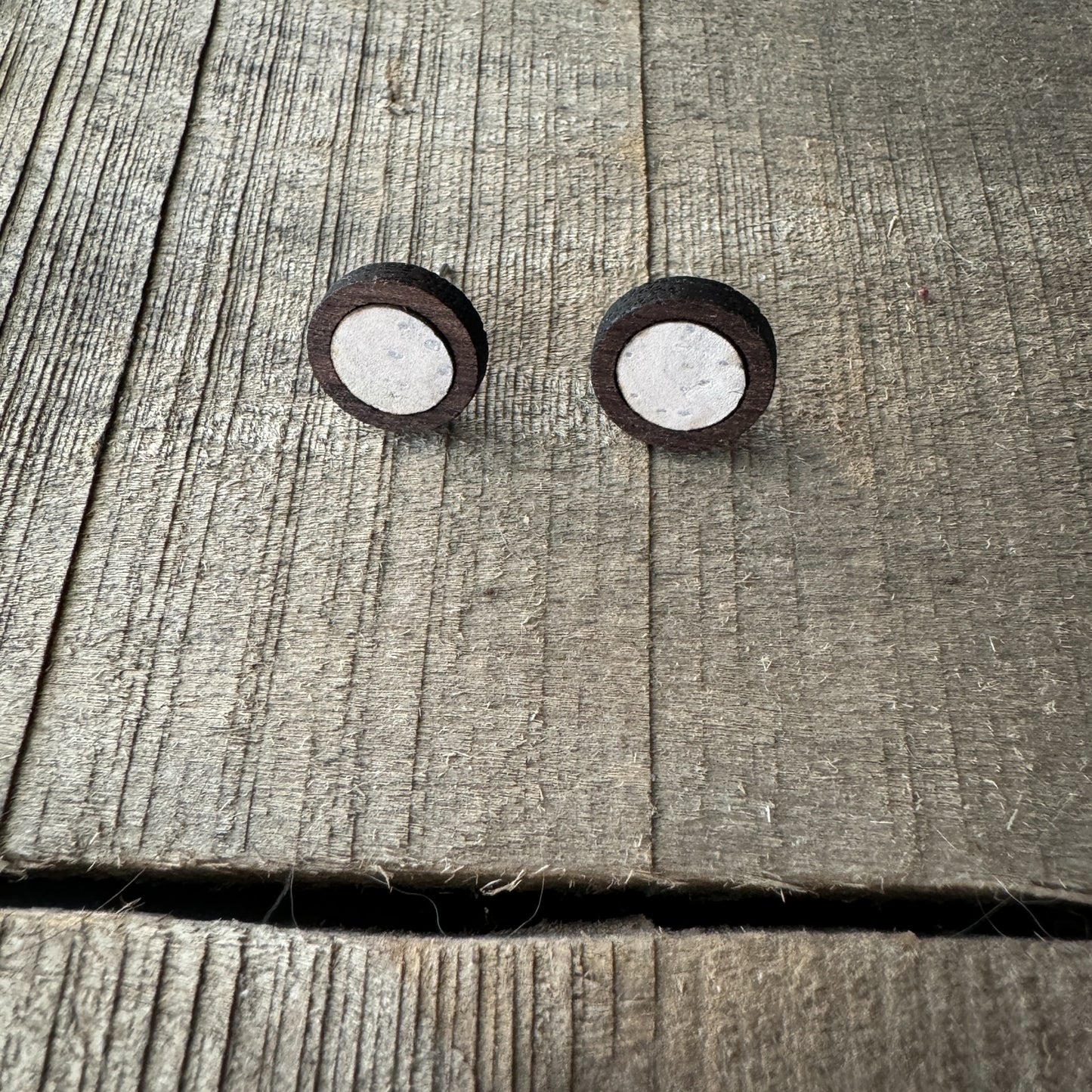 Pearl Circle Cork Inlay & Walnut Wood Stud Earrings