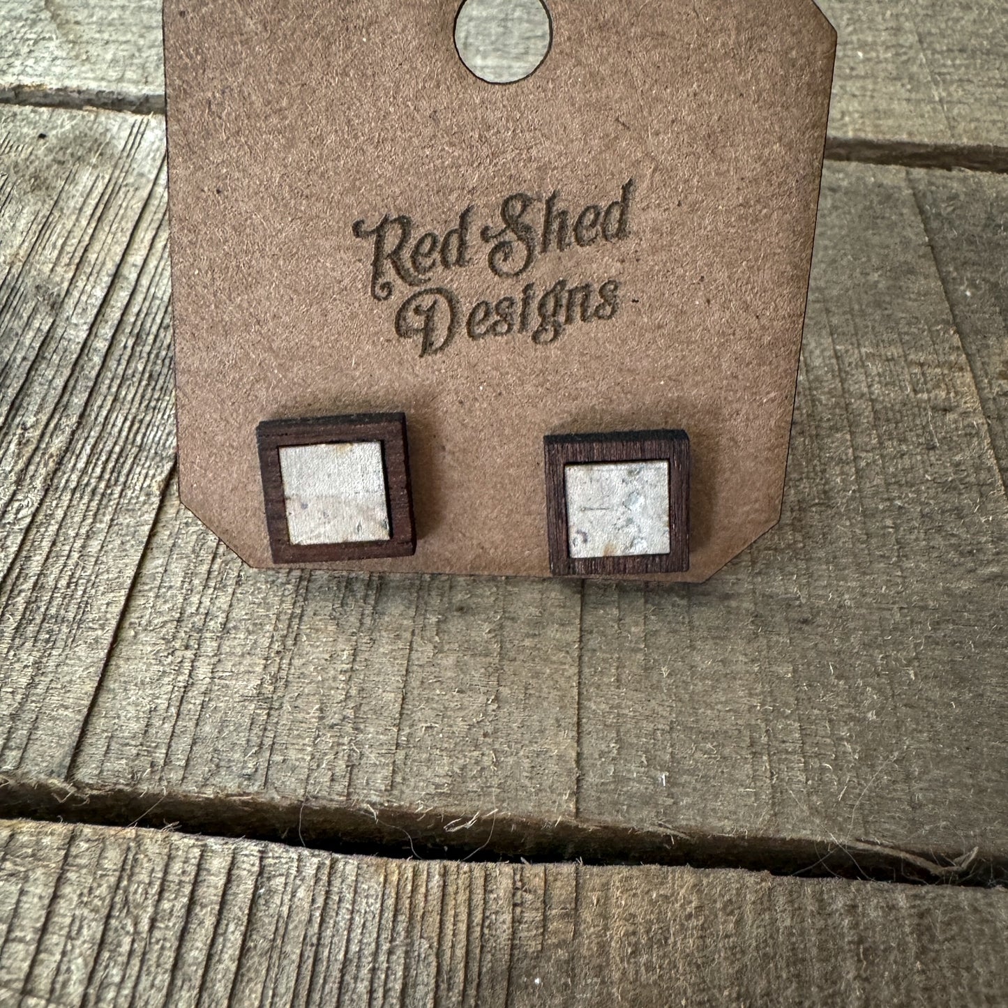 Pearl Square Cork Inlay & Walnut Wood Stud Earrings