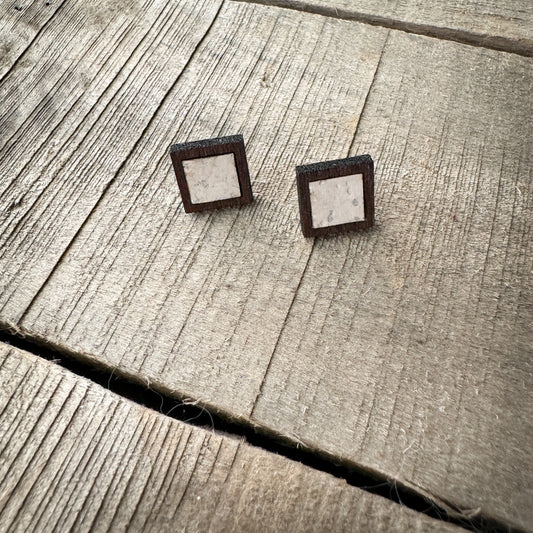 Pearl Square Cork Inlay & Walnut Wood Stud Earrings