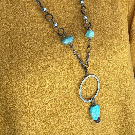 Long Bronze Necklace with Amazonite Stone and Hoop Pendant with Turquoise Stone