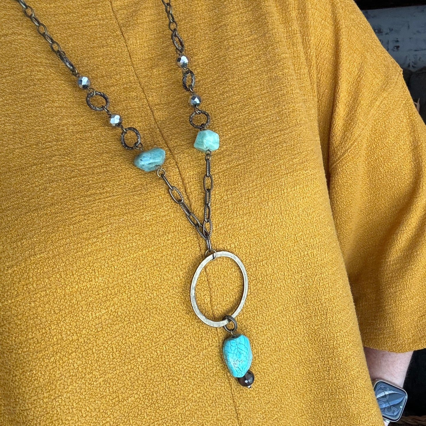 Long Bronze Necklace with Amazonite Stone and Hoop Pendant with Turquoise Stone