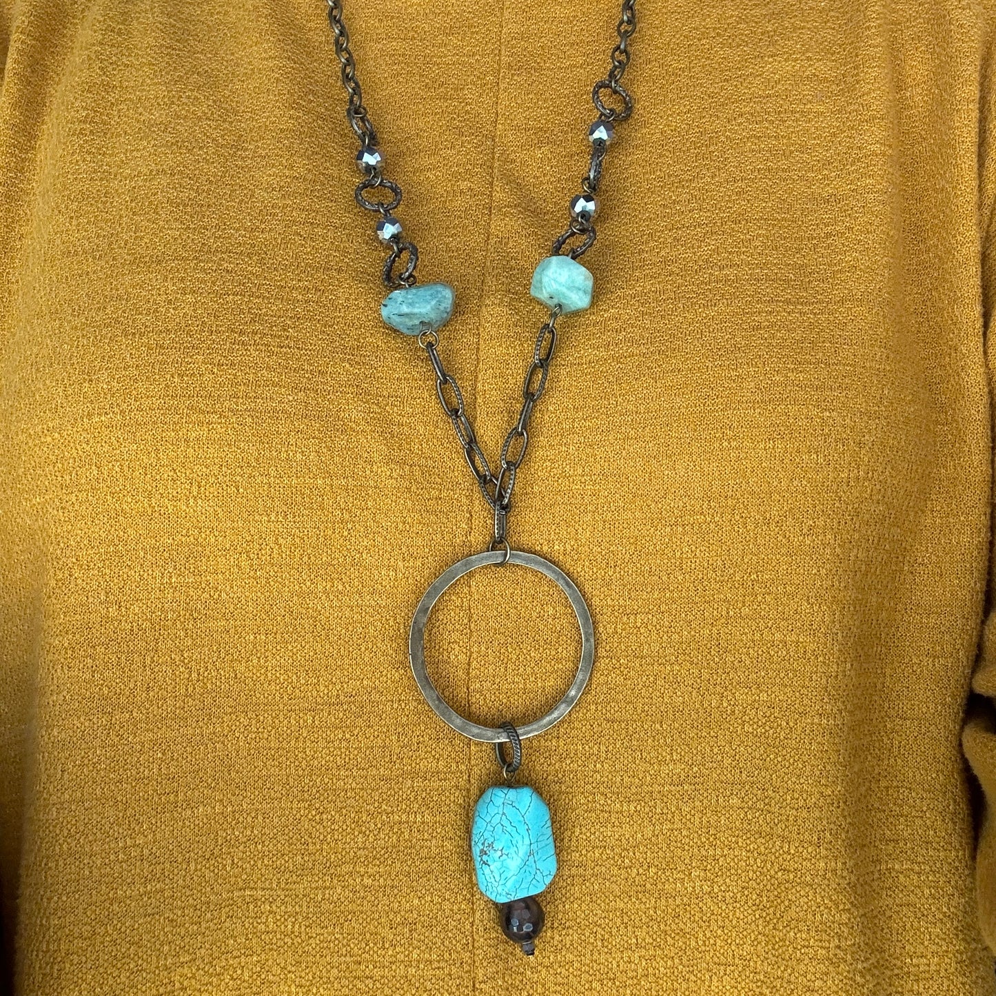 Long Bronze Necklace with Amazonite Stone and Hoop Pendant with Turquoise Stone