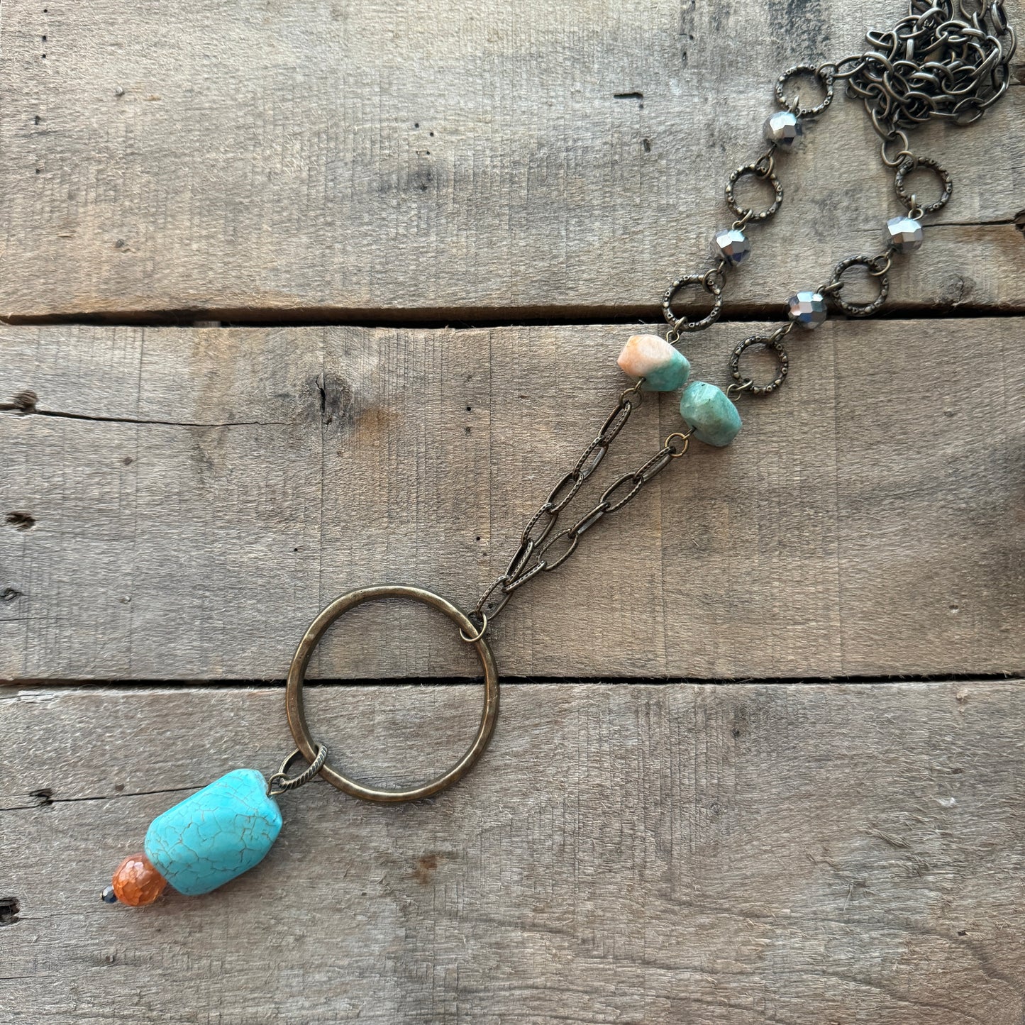 Long Bronze Necklace with Amazonite Stone and Hoop Pendant with Turquoise Stone