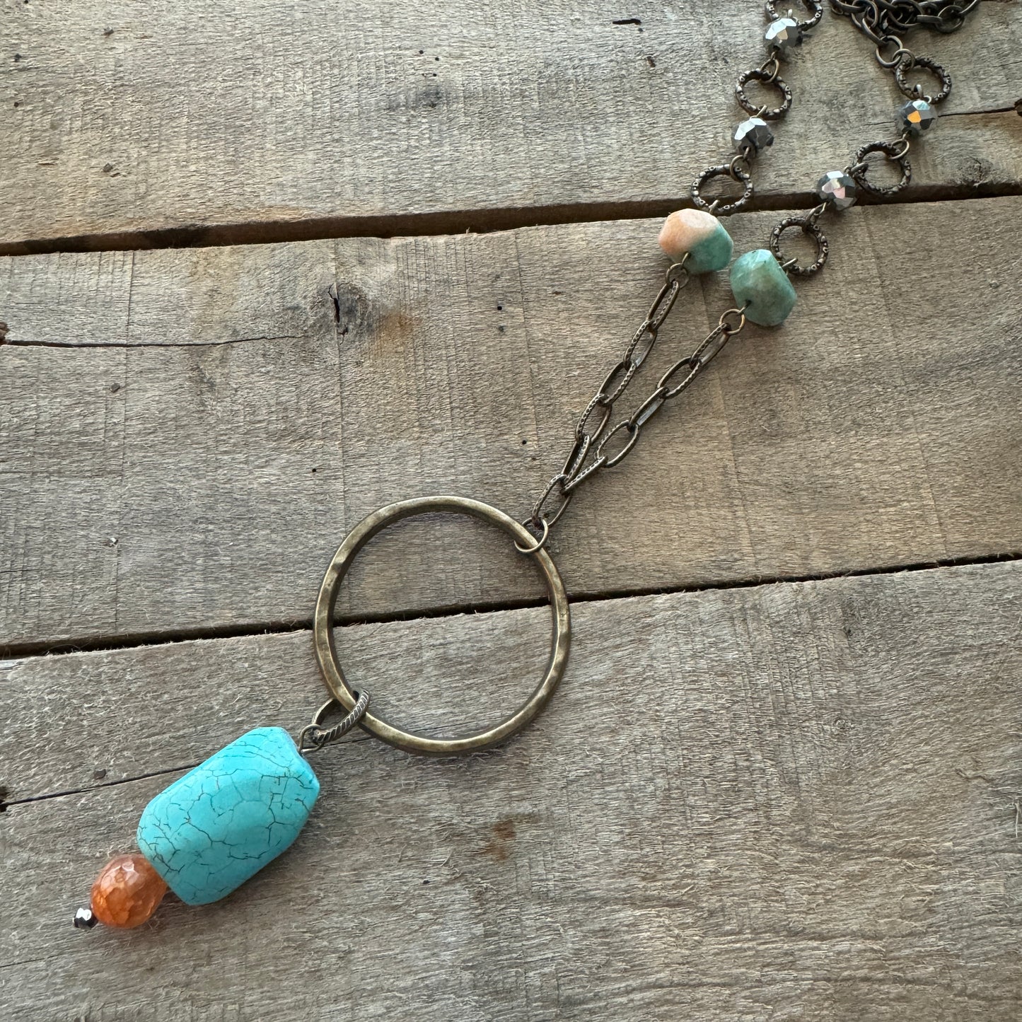 Long Bronze Necklace with Amazonite Stone and Hoop Pendant with Turquoise Stone