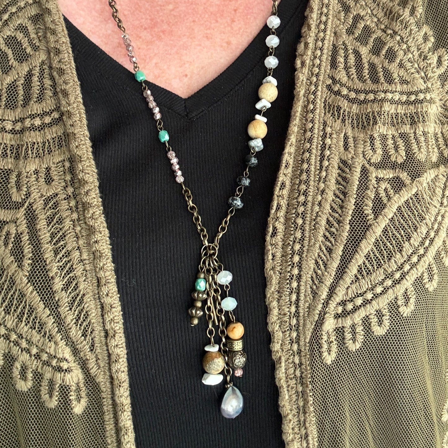 Long Chain and Beaded Chain Necklace with Beaded Charms