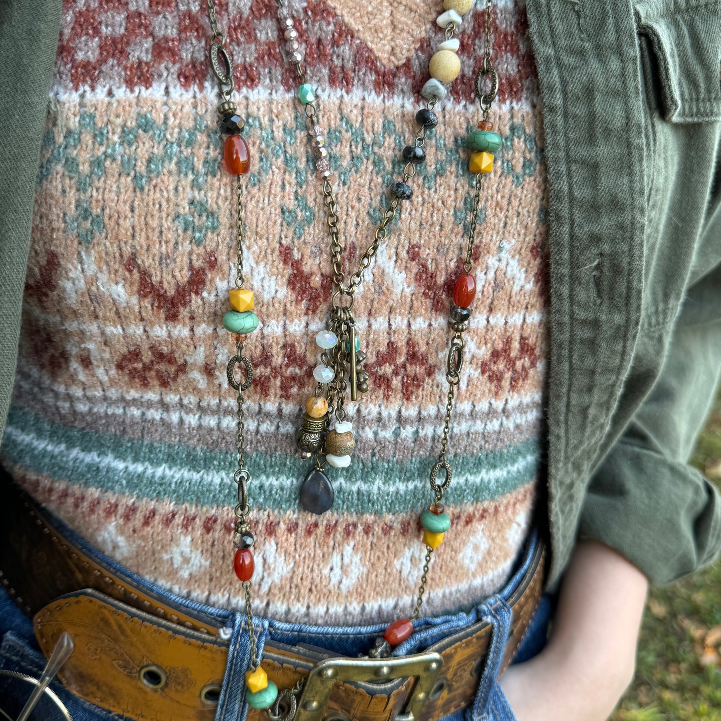 Long Chain and Beaded Chain Necklace with Beaded Charms