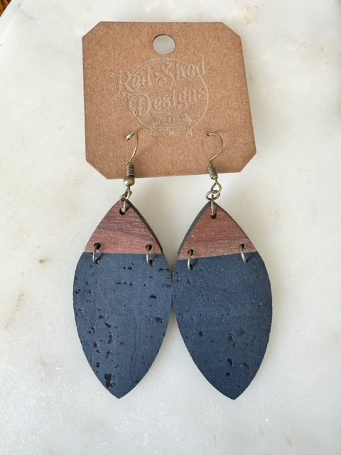 Boho Navy Cork & Walnut Wood Earrings  - Lightweight