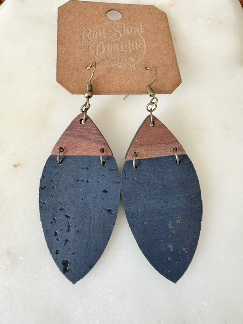 Boho Navy Cork & Walnut Wood Earrings  - Lightweight