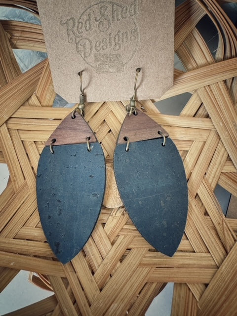 Boho Navy Cork & Walnut Wood Earrings  - Lightweight